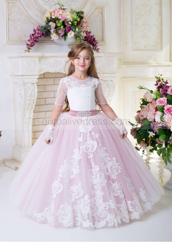 Short Sleeves Beaded Lace Tulle Elegant Flower Girl Dress